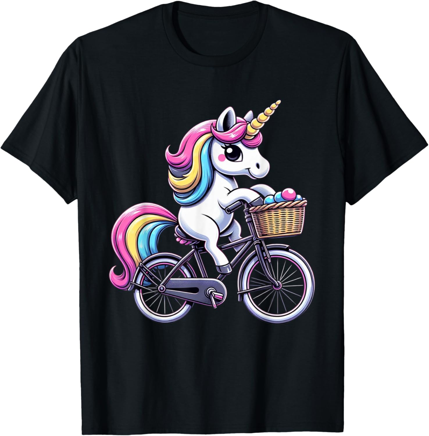 Unicorn Riding Bicycle Boys Girls Women Kids Teen Rainbow T-Shirt - T-Shirt | Black