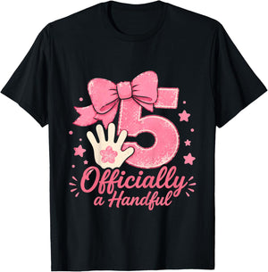 Officially A Handful 5th Birthday Girl Pink Bow Five Year T-Shirt - T-Shirt | Black