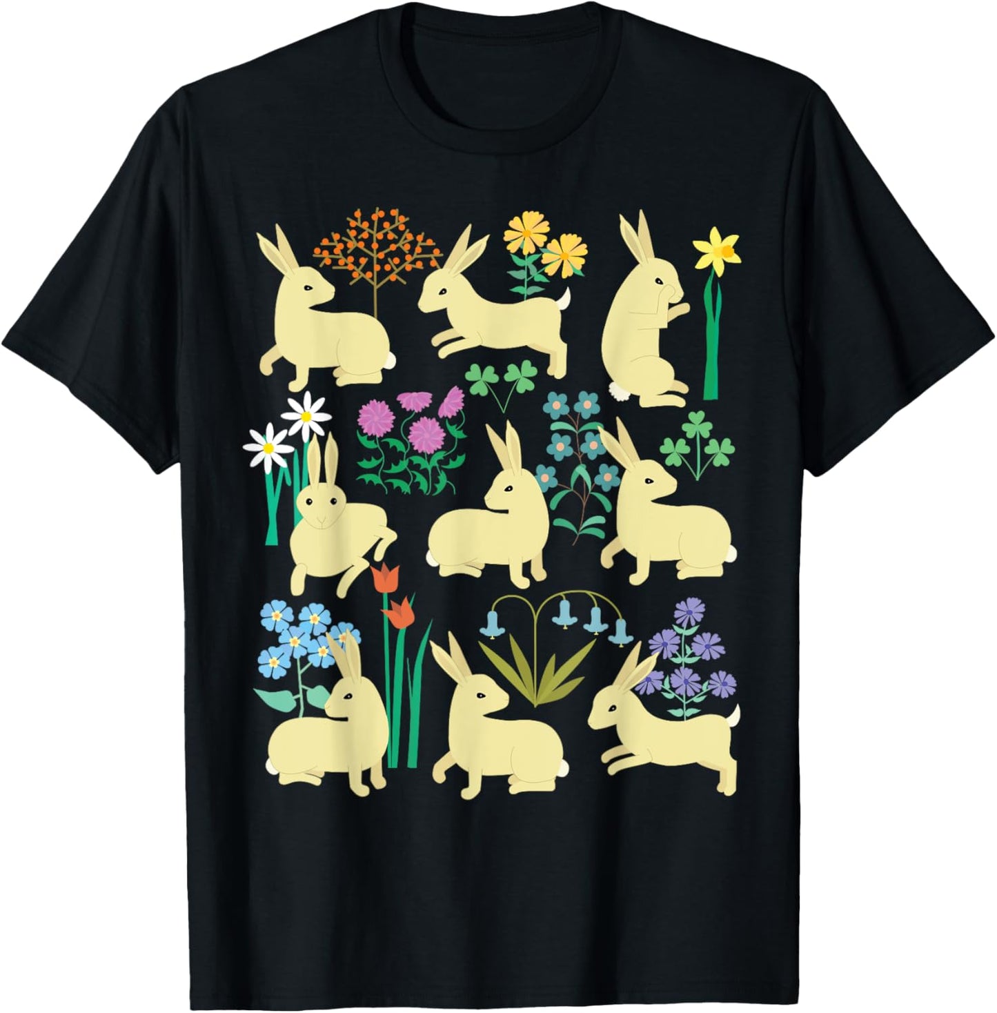 Playful little rabbits (bunnies) among colorful flowers T-Shirt - T-Shirt | Black