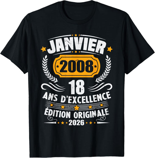 Vintage January 2008 Birthday Gift 18 Years Boys T-Shirt - T-Shirt | Black