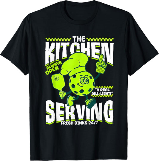 The Kitchen Serving Fresh Dinks Funny Pickleball Chef T-Shirt - T-Shirt | Black
