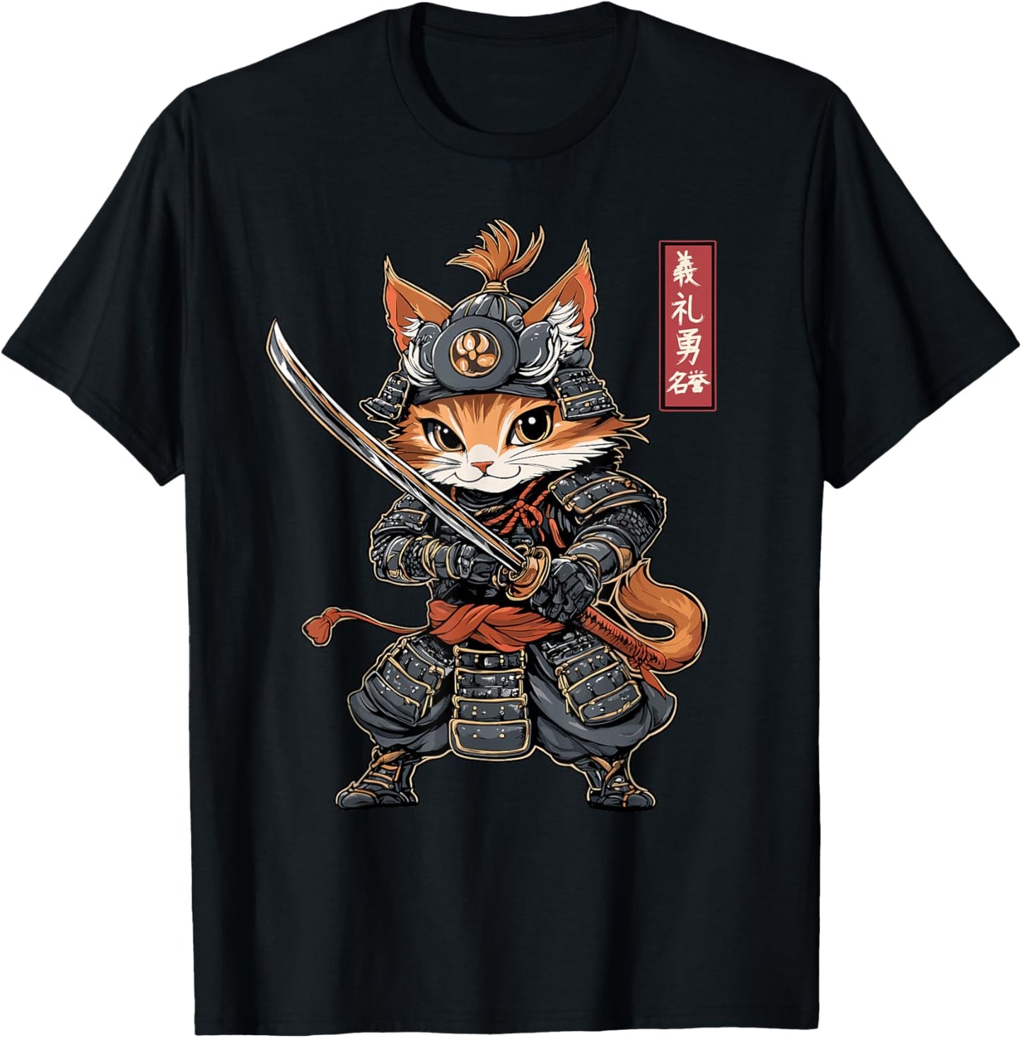 Japanese Samurai Cat, Warrior, Vintage & Kawaii Anime Kitten T-Shirt - T-Shirt | Black