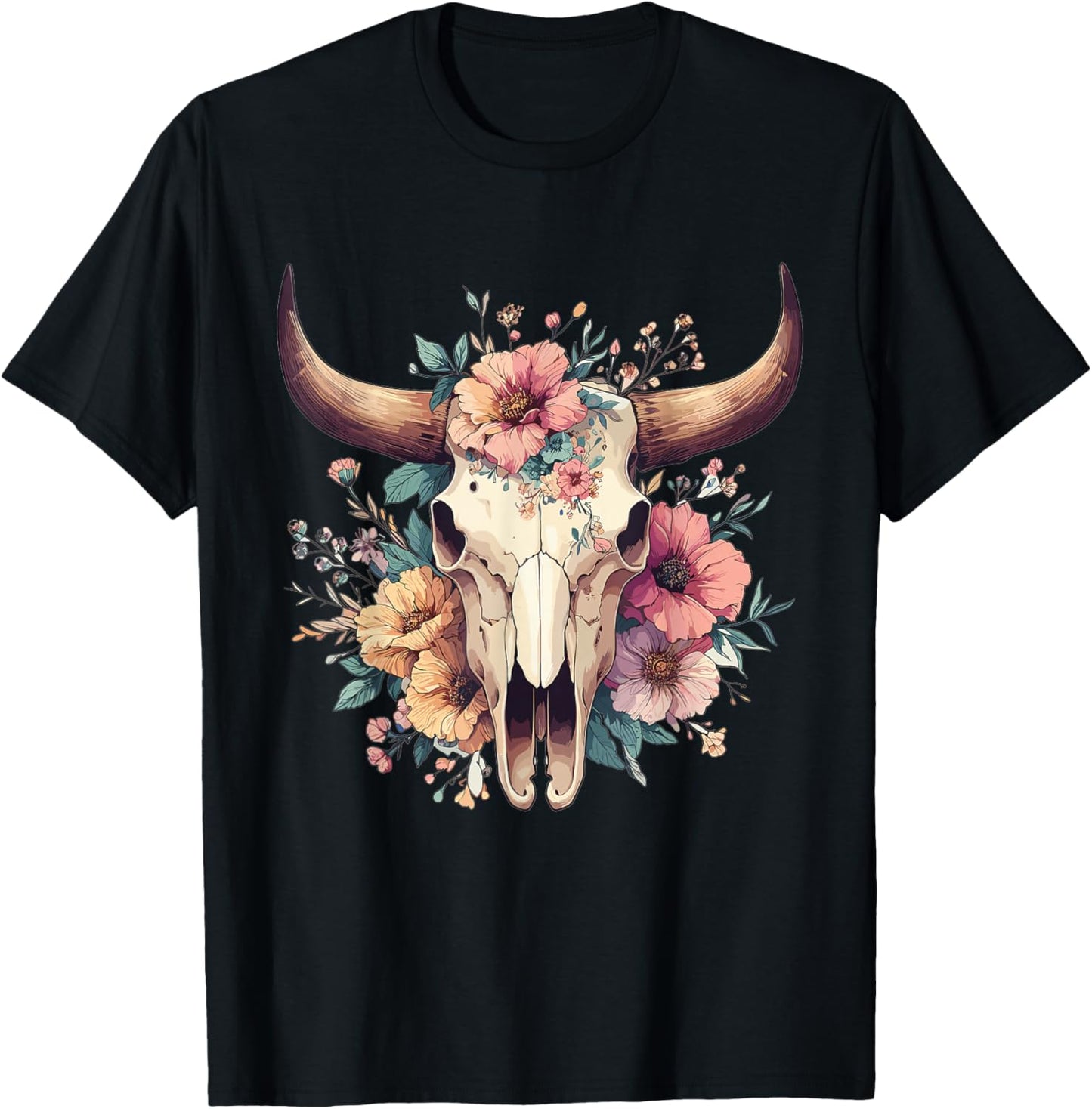 Boho Cow Bull Skull Flowers Wild west Western Cowgirl Texans T-Shirt - T-Shirt | Black