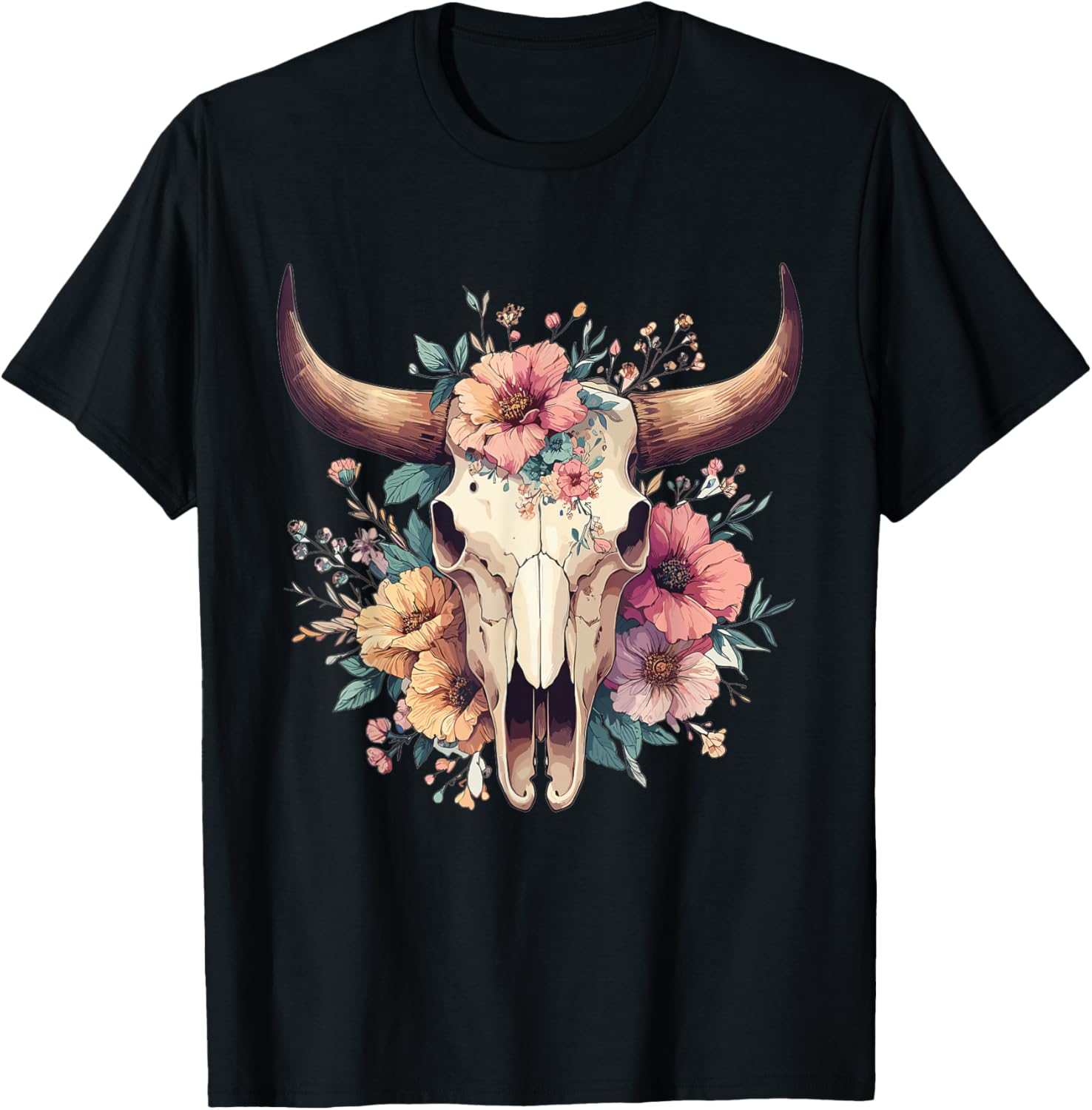 Boho Cow Bull Skull Flowers Wild west Western Cowgirl Texans T-Shirt - T-Shirt | Black