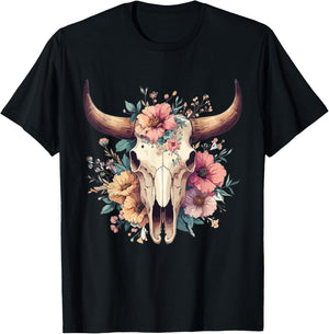 Boho Cow Bull Skull Flowers Wild west Western Cowgirl Texans T-Shirt - T-Shirt | Black