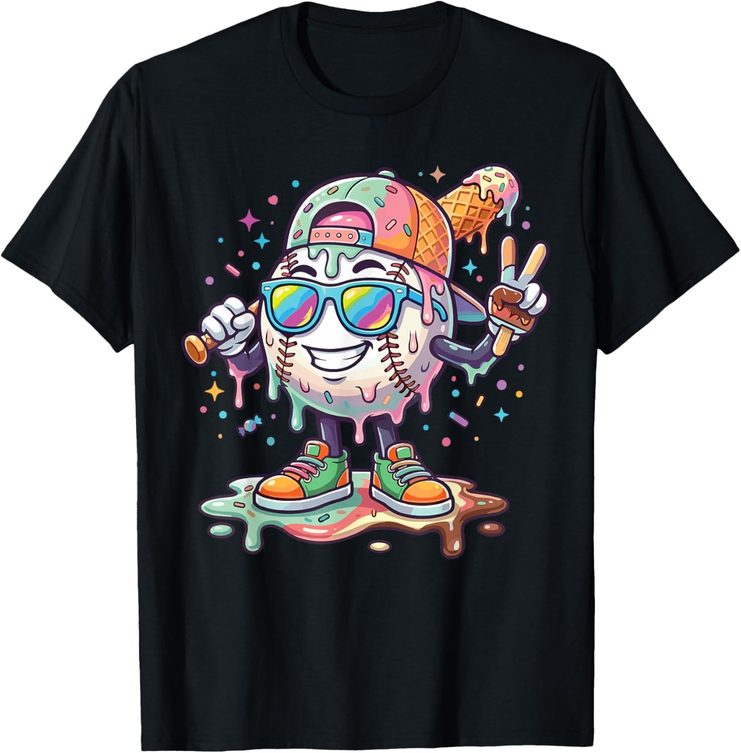Baseball Ice Cream Drip Youth Boys Kids Baseball Drip T-Shirt - T-Shirt | Black