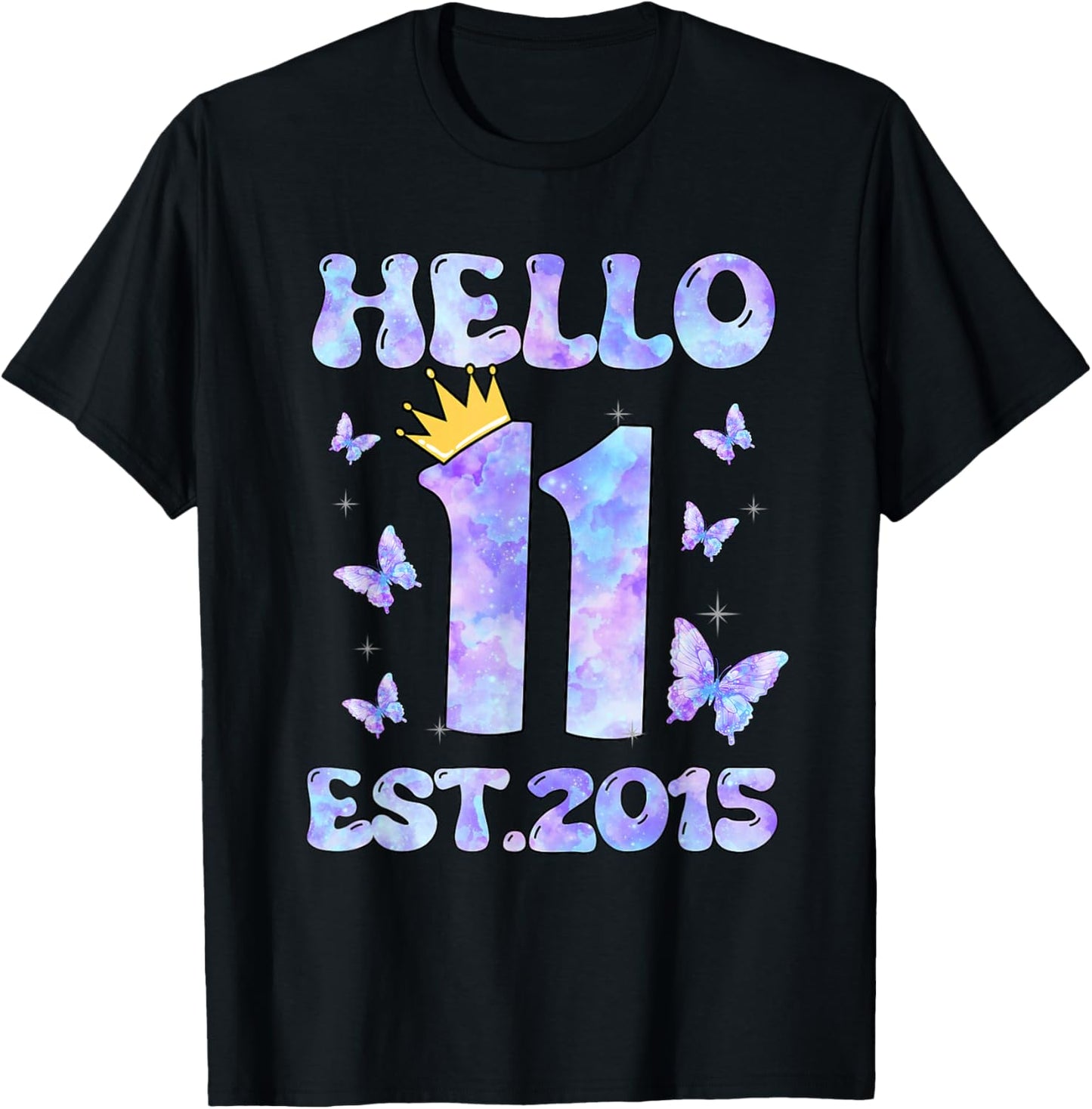 Hello Eleven Est 2015 11th Birthday Girl 11 Yr Old Butterfly T-Shirt - T-Shirt | Black