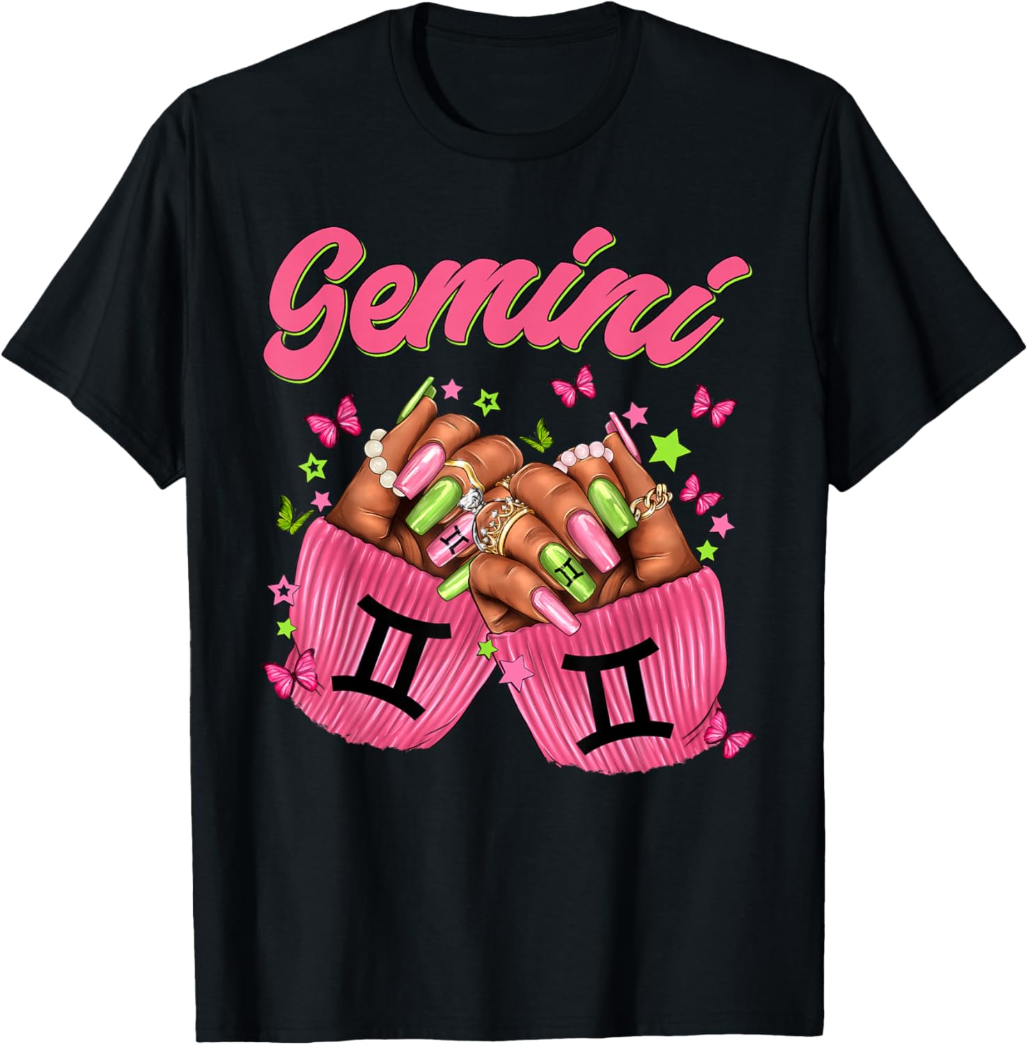 Black Women Nails Zodiac Birthday Gemini Queen T-Shirt - T-Shirt | Black