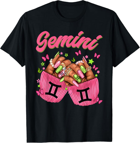 Black Women Nails Zodiac Birthday Gemini Queen T-Shirt - T-Shirt | Black