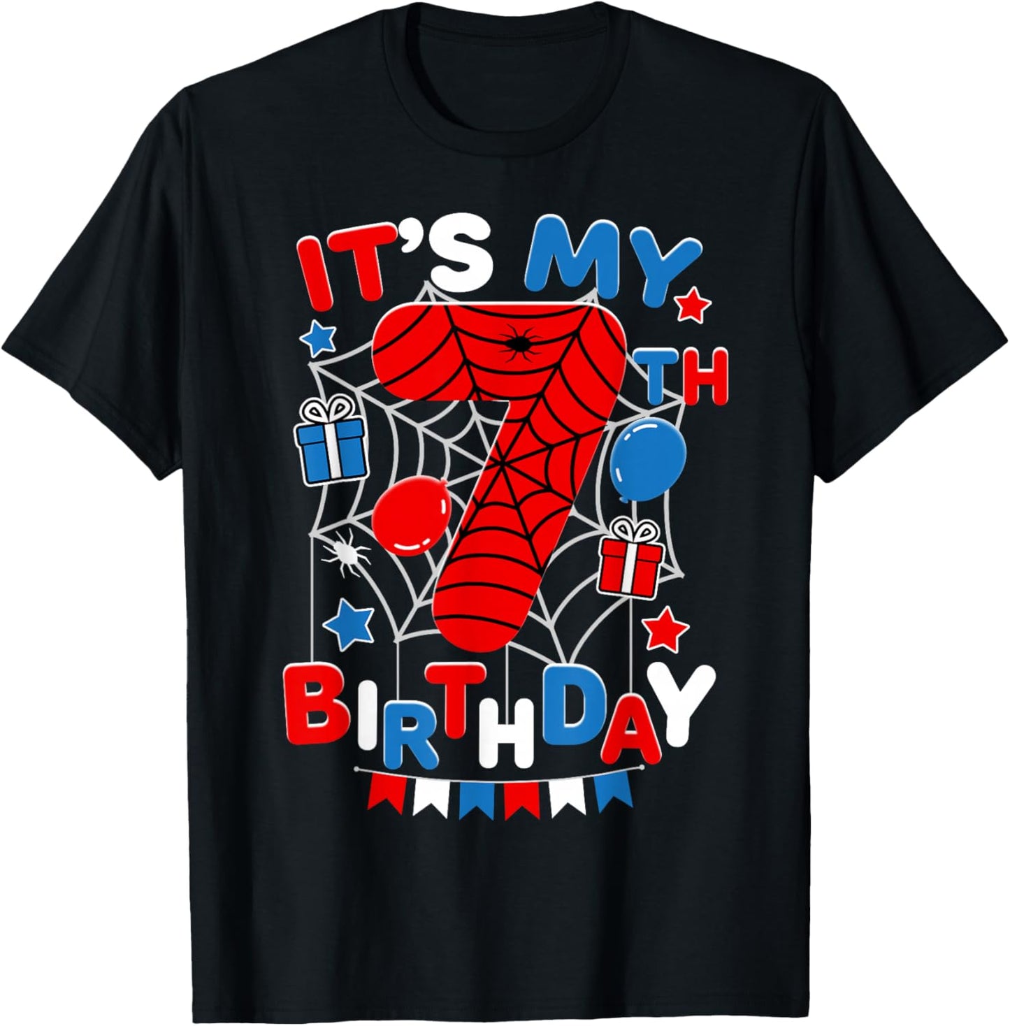 It's My 7th Birthday Spider Theme Party 7 Year Old Boys Kids T-Shirt - T-Shirt | Black