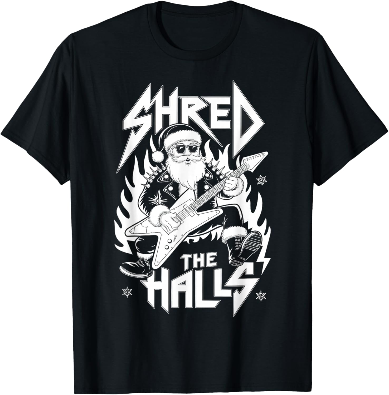 Shred the Halls Christmas Rocker Santa Metalhead Guitarist T-Shirt - T-Shirt | Black
