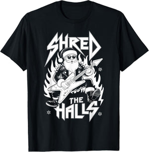 Shred the Halls Christmas Rocker Santa Metalhead Guitarist T-Shirt - T-Shirt | Black