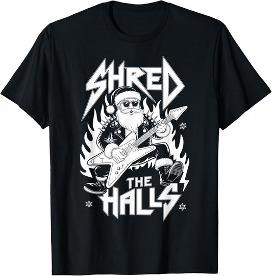 Shred the Halls Christmas Rocker Santa Metalhead Guitarist T-Shirt - T-Shirt | Black