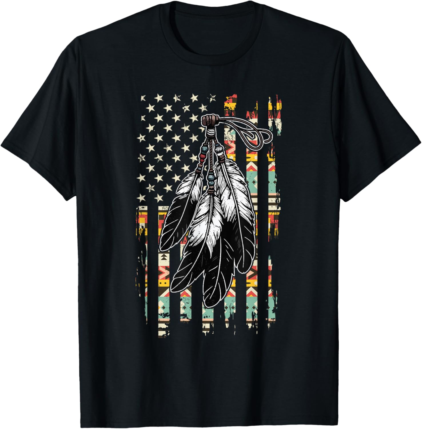 Feathers Indigenous Tribal Native American Flag Vintage T-Shirt - T-Shirt | Black