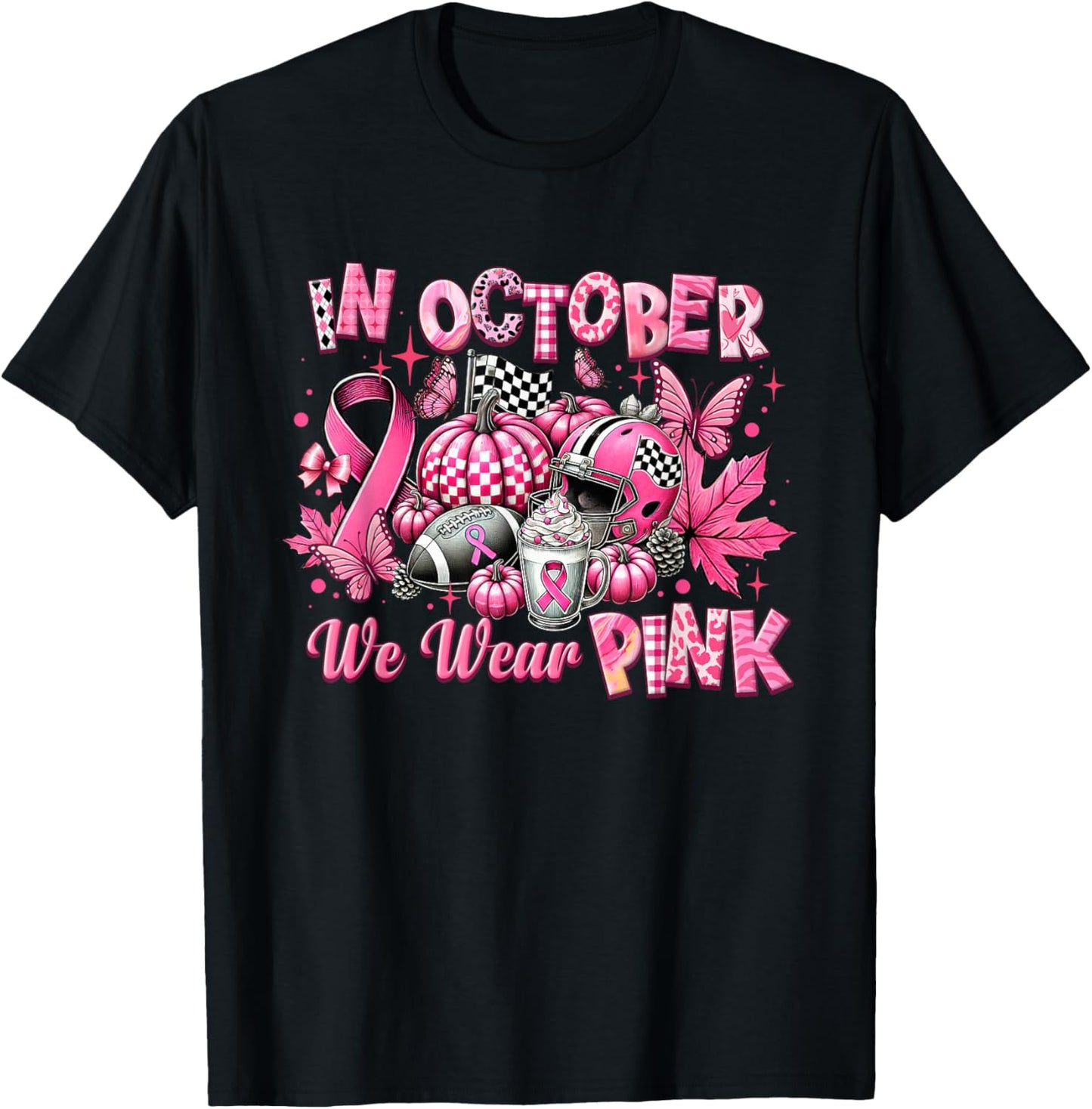 In October We Wear Pink Breast Cancer Pumpkin Football T-Shirt - T-Shirt | Black