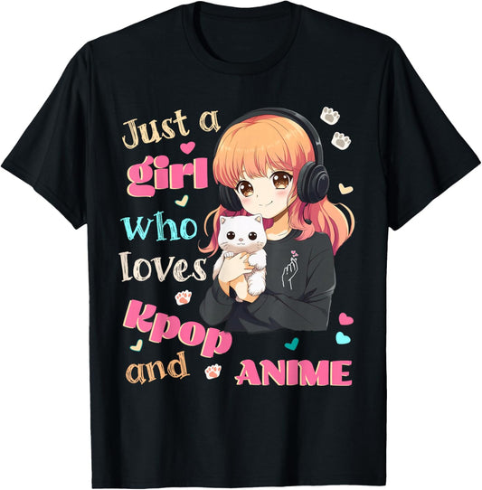 Just a Girl who Loves Kpop Anime Cute Merch Merchandise Cats T-Shirt - T-Shirt | Black