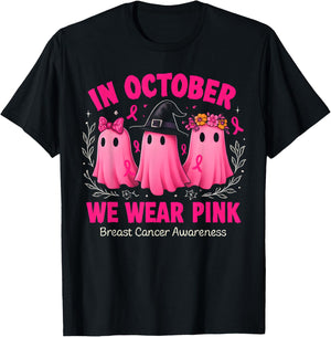 in October We Wear Pink Ghost Halloween Women Breast Cancer T-Shirt - T-Shirt | Black