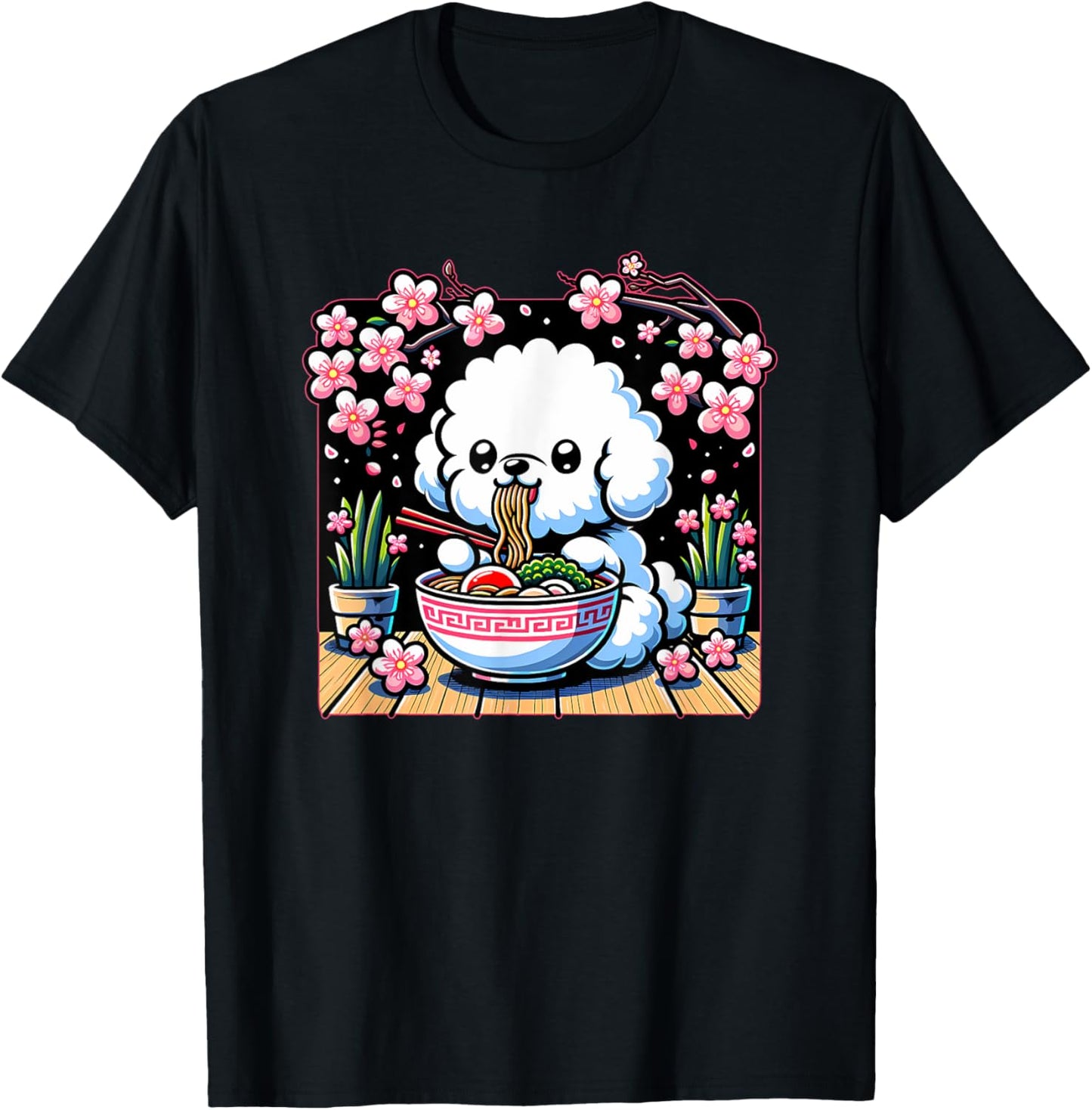 Kawaii Bichon Frise Dog Eating Ramen T-Shirt - T-Shirt | Black