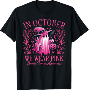 In October We Wear Pink Breast Cancer Awareness Halloween T-Shirt - T-Shirt | Black