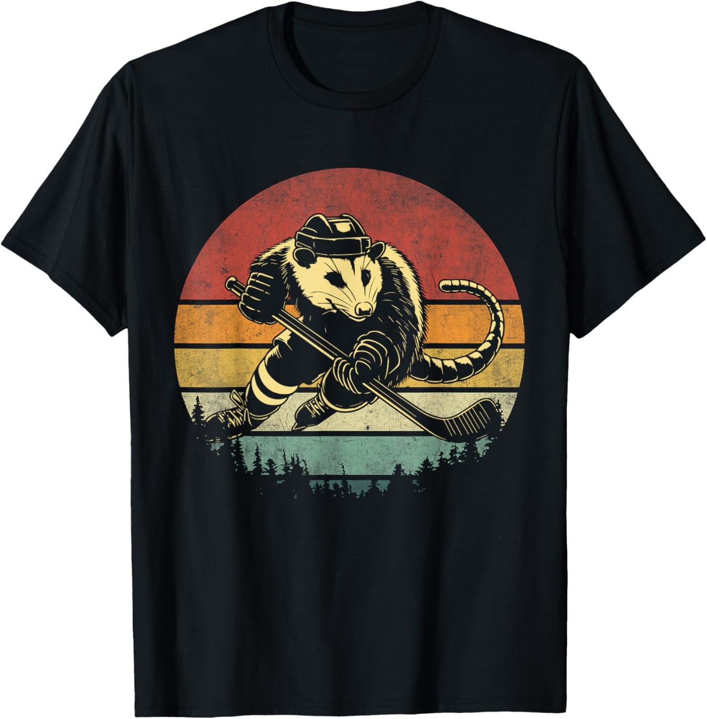 Retro Opossum Playing Hockey Vintage Opossum Hockey Player T-Shirt - T-Shirt | Black