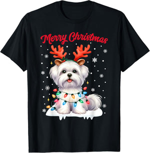 Christmas Pajamas Men Women Kids Maltese Dog Christmas T-Shirt - T-Shirt | Black