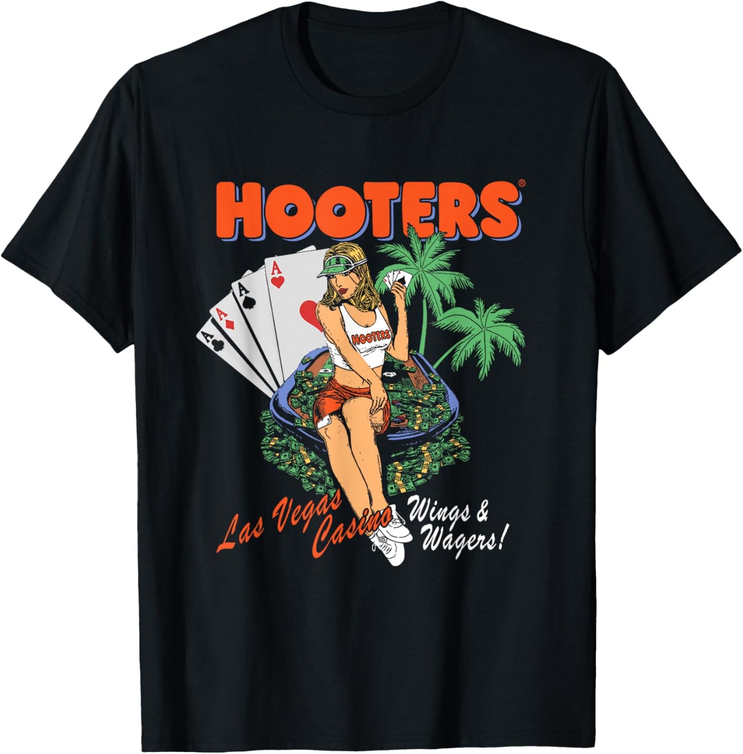 Hooters Las Vegas Casino Wings & Wagers Pin-Up Girl Scene T-Shirt - T-Shirt | Black