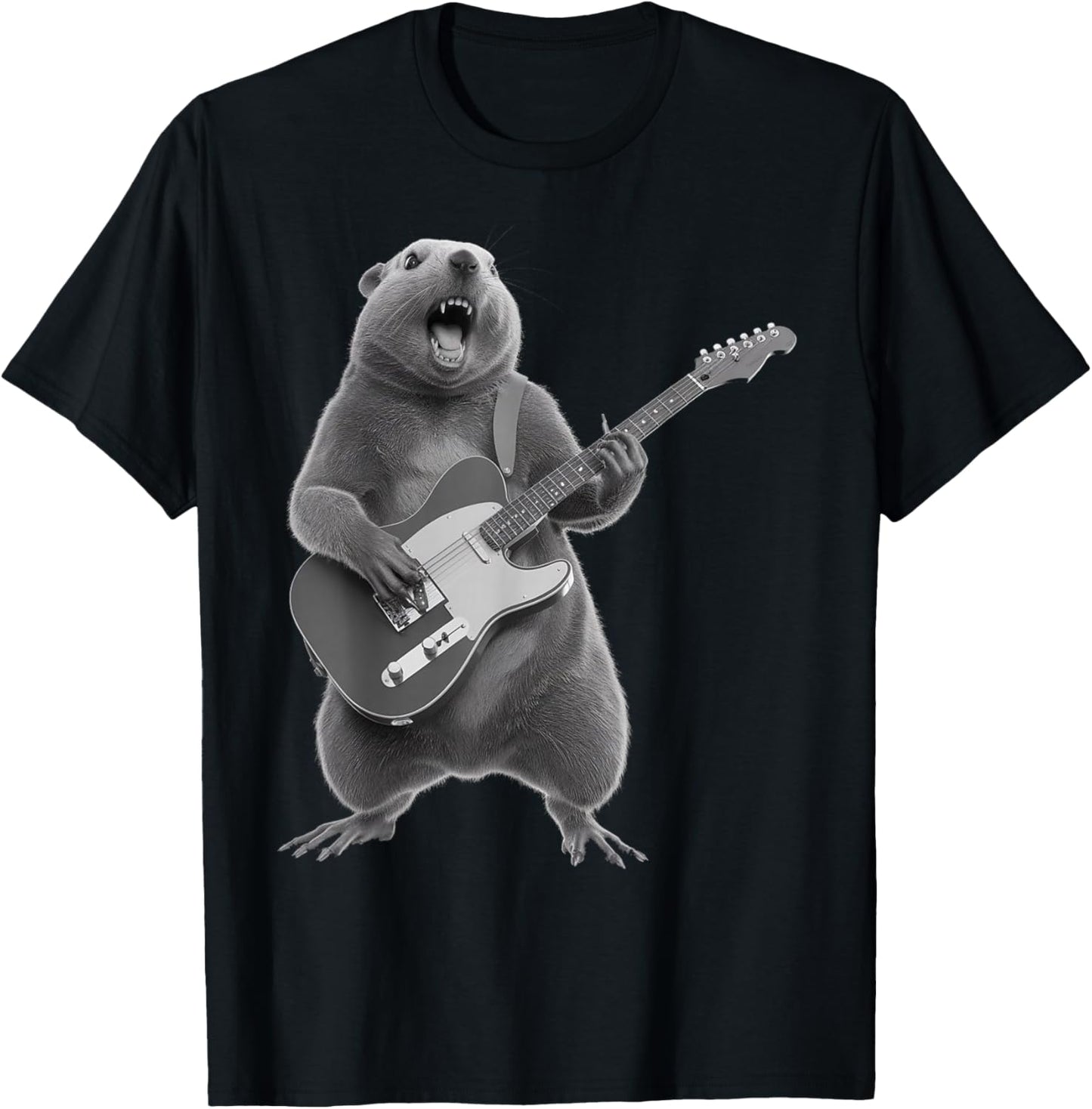 Groundhog Playing Guitar Rock Star Happy Groundhog T-Shirt - T-Shirt | Black