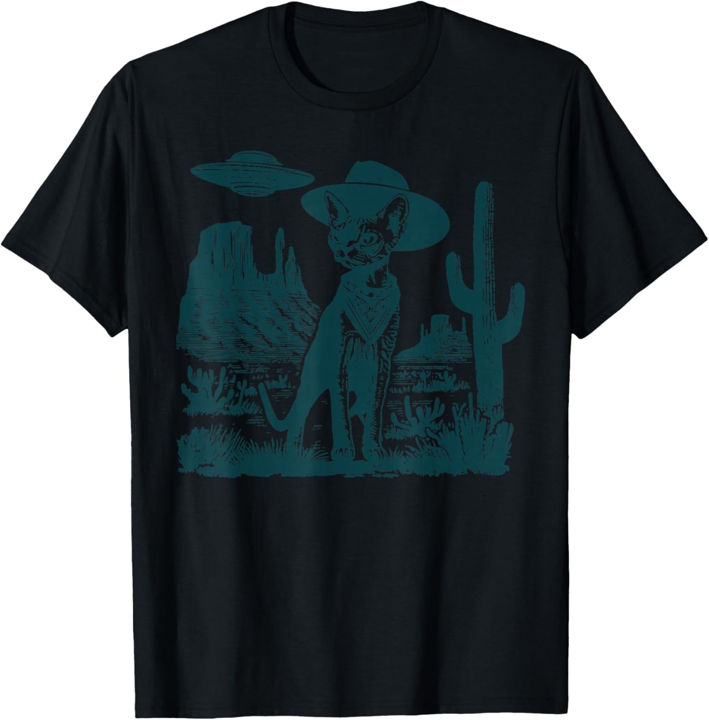 Vintage Devon Rex Cat Cowboy Hat UFO Western Country Rodeo T-Shirt - T-Shirt | Black
