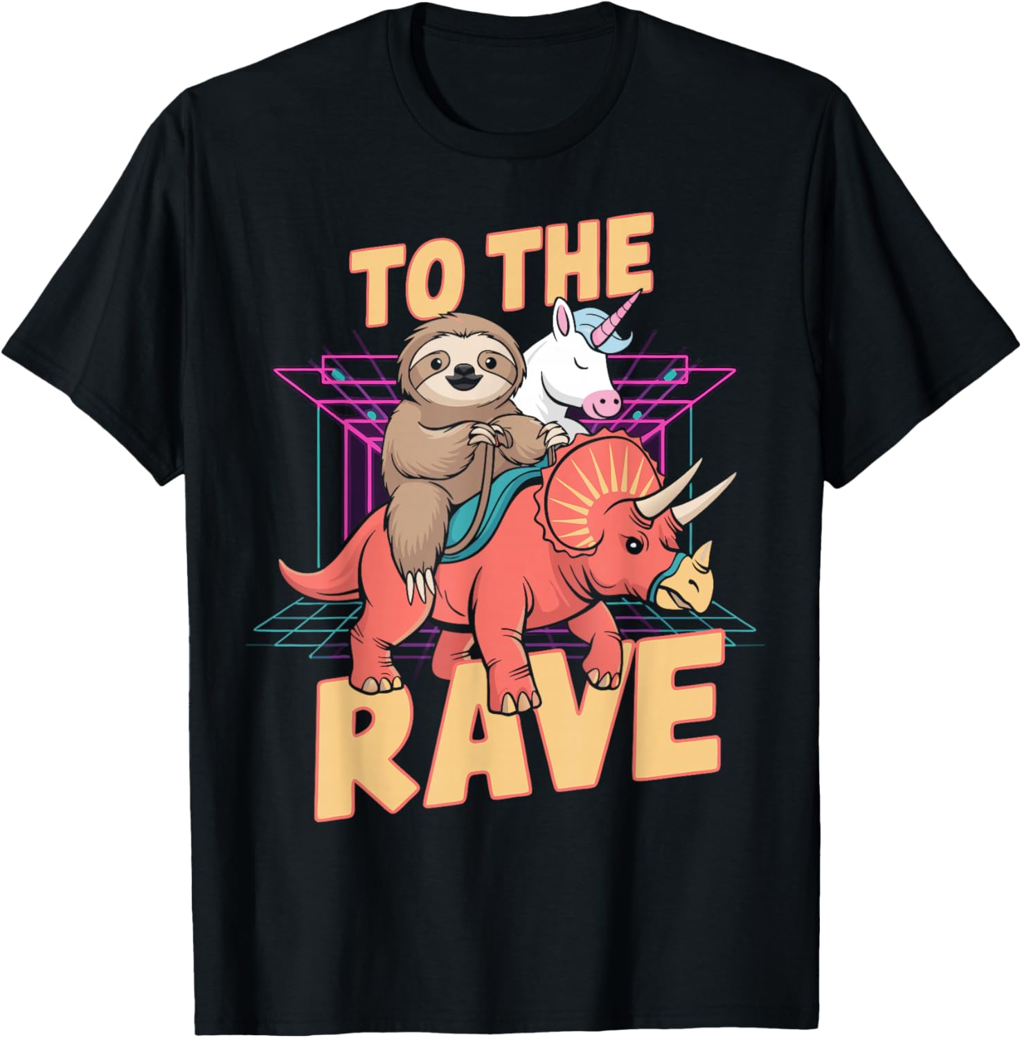 Rave Party Bass Head Clubbing Unicorn Dinosaur Sloth EDM T-Shirt - T-Shirt | Black