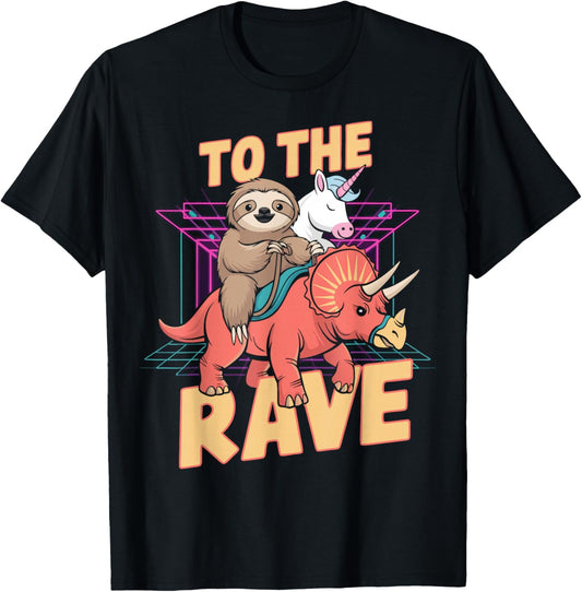 Rave Party Bass Head Clubbing Unicorn Dinosaur Sloth EDM T-Shirt - T-Shirt | Black