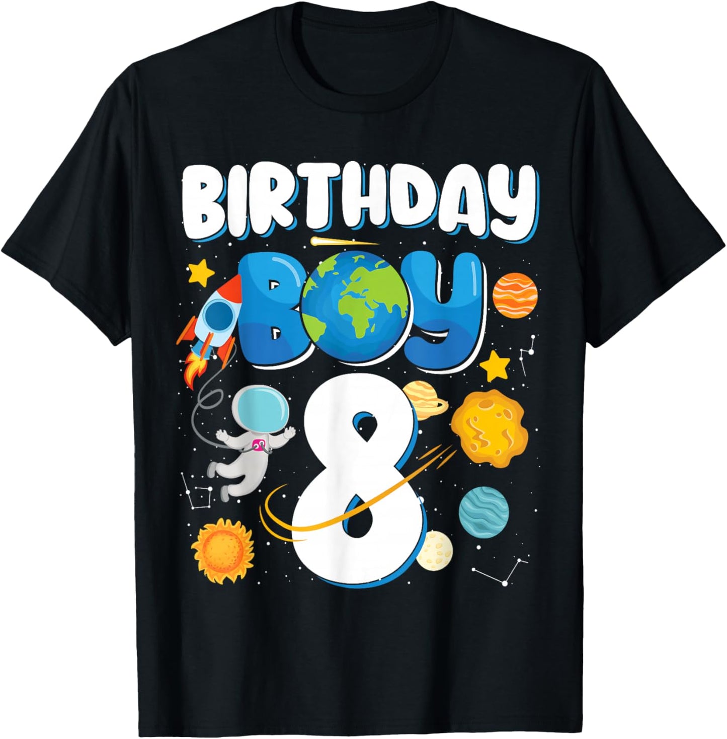 Boys 8th Birthday Astronaut Space Planets Four Years Old T-Shirt - T-Shirt | Black