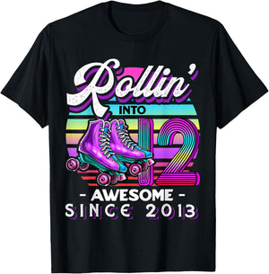 Birthday Roller Skating 12th Girl Rollin into 12 Skate Party T-Shirt - T-Shirt | Black