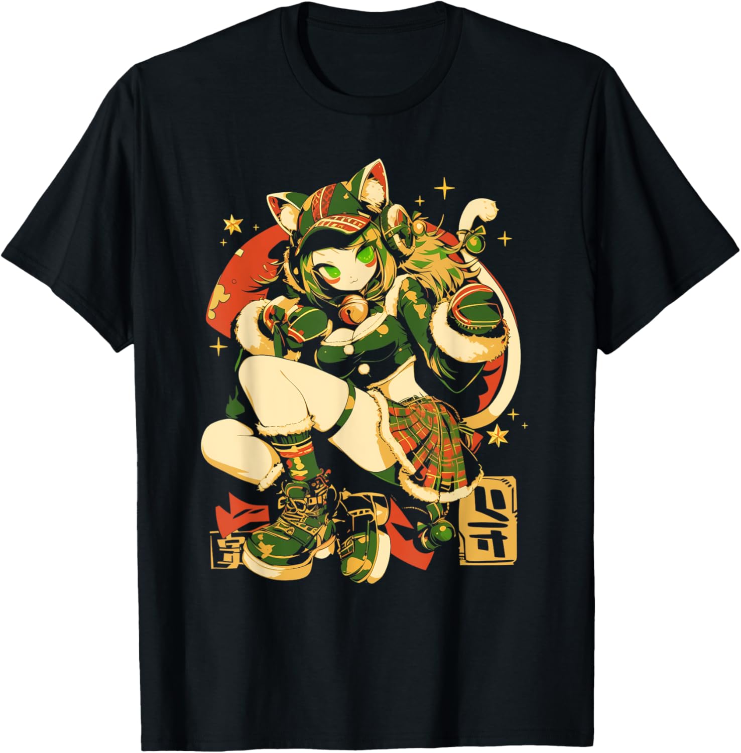 Alternative Christmas Manga Japan Anime Woman co. Christmas Cat Girl Anime Waifu Kawaii Japan Holiday Cute T-Shirt - T-Shirt | Black