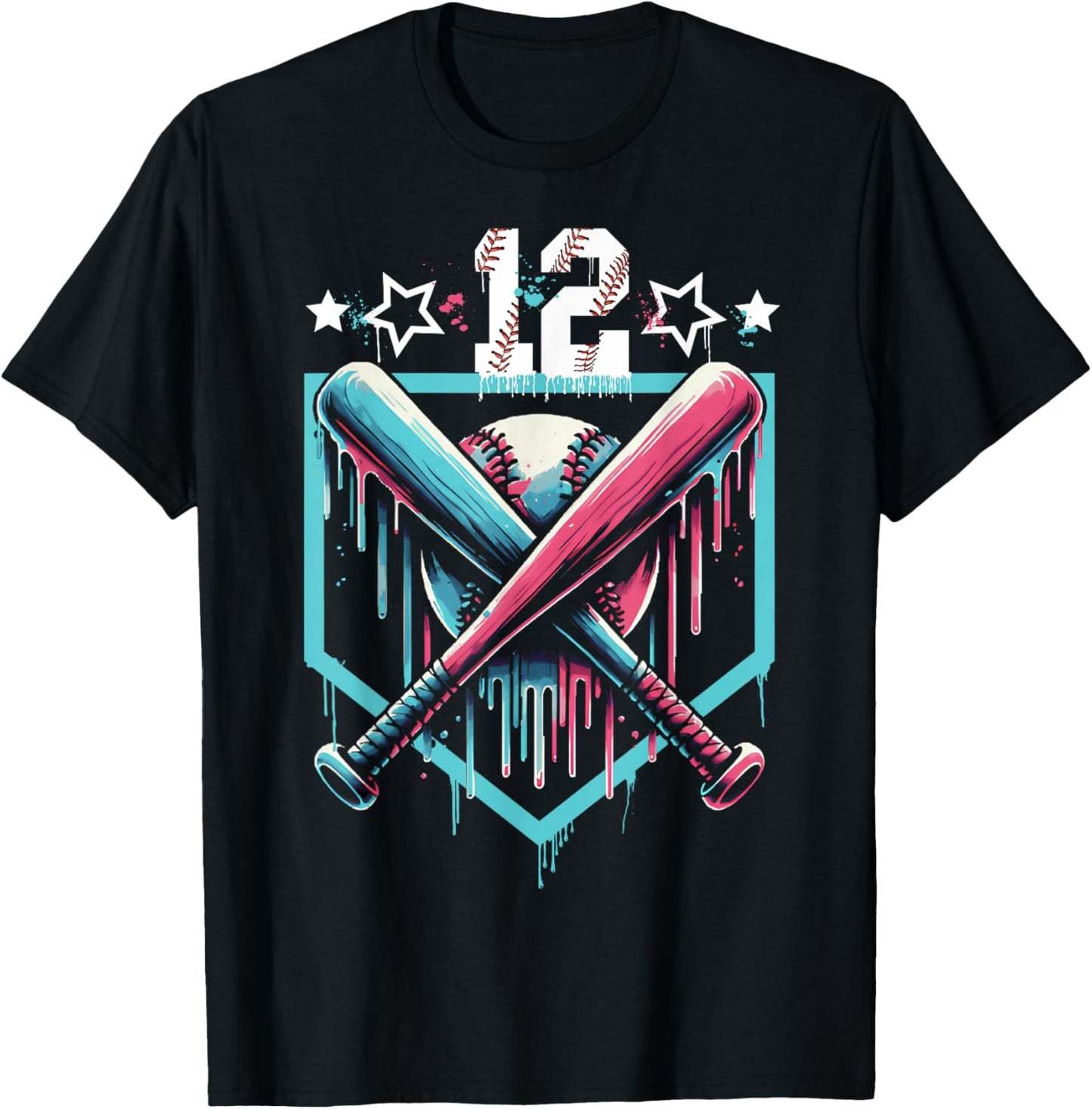 Baseball Drip 12th Birthday Boys Number 12 Youth 12 Year Old T-Shirt - T-Shirt | Black