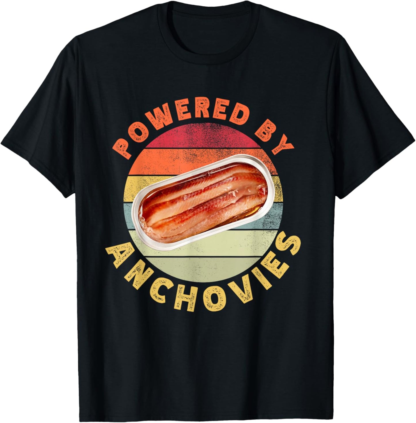 Powered By Anchovies Funny Retro Seafood Fish Food Lover T-Shirt - T-Shirt | Black