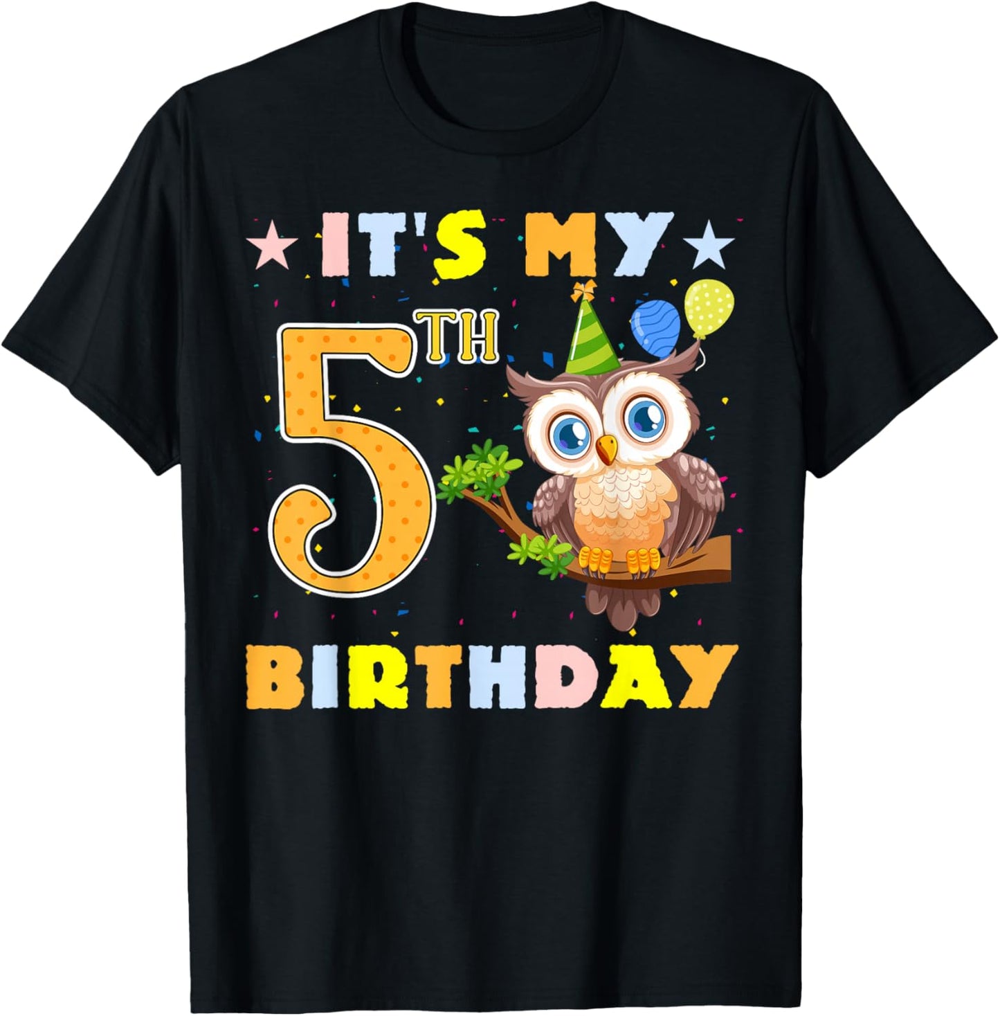 Cute It's My 5th Birthday Owl Birds 5 Years Old T-Shirt - T-Shirt | Black