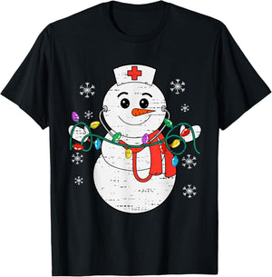 Snowman Nurse Christmas Stethoscope Xmas Scrub Top Women T-Shirt - T-Shirt | Black