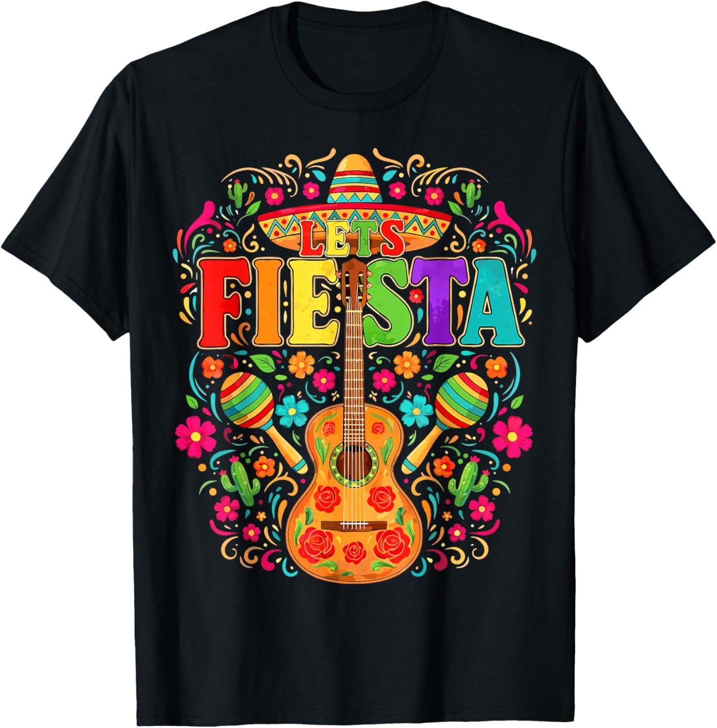 Mexican Lets Fiesta Guitar Cinco De Mayo T-Shirt - T-Shirt | Black