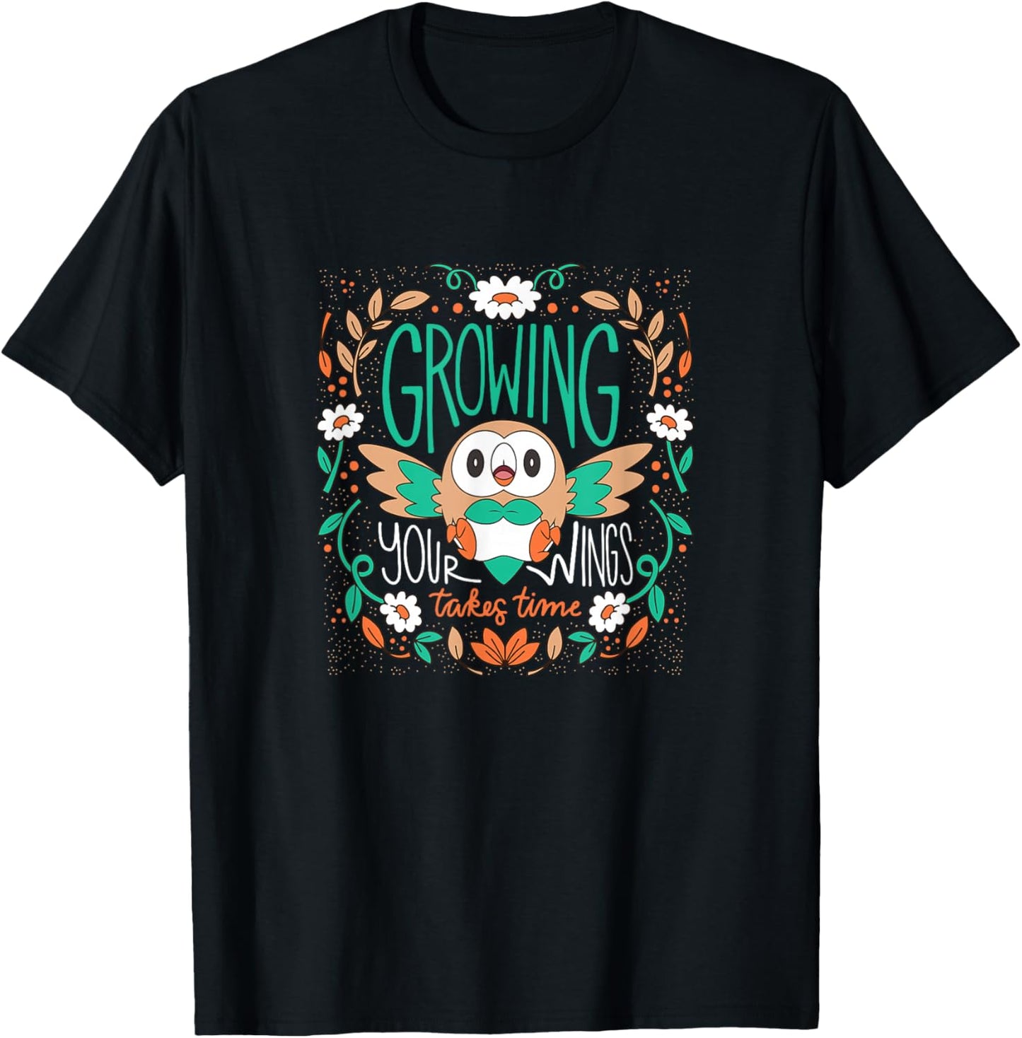 Pokemon - Rowlet Growing Your Wings Takes Time -Adults , Black, Small, Short Sleeve T-Shirt - T-Shirt | Black