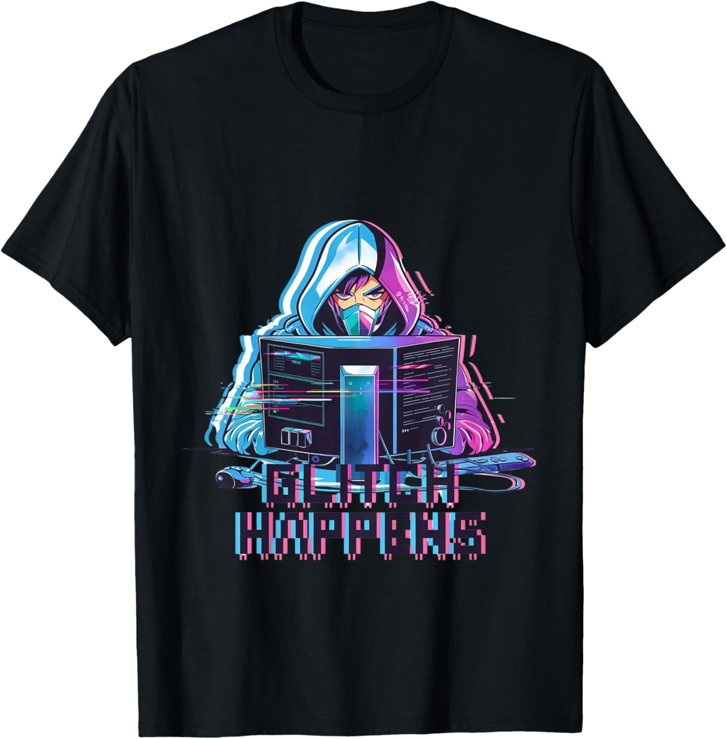Kids Glitch Happens Anime Gamer Boy Male Futuristic Gaming T-Shirt - T-Shirt | Black