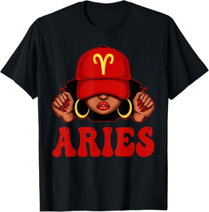Aries Black Woman with Red Cap Zodiac Sign Birthday T-Shirt - T-Shirt | Black