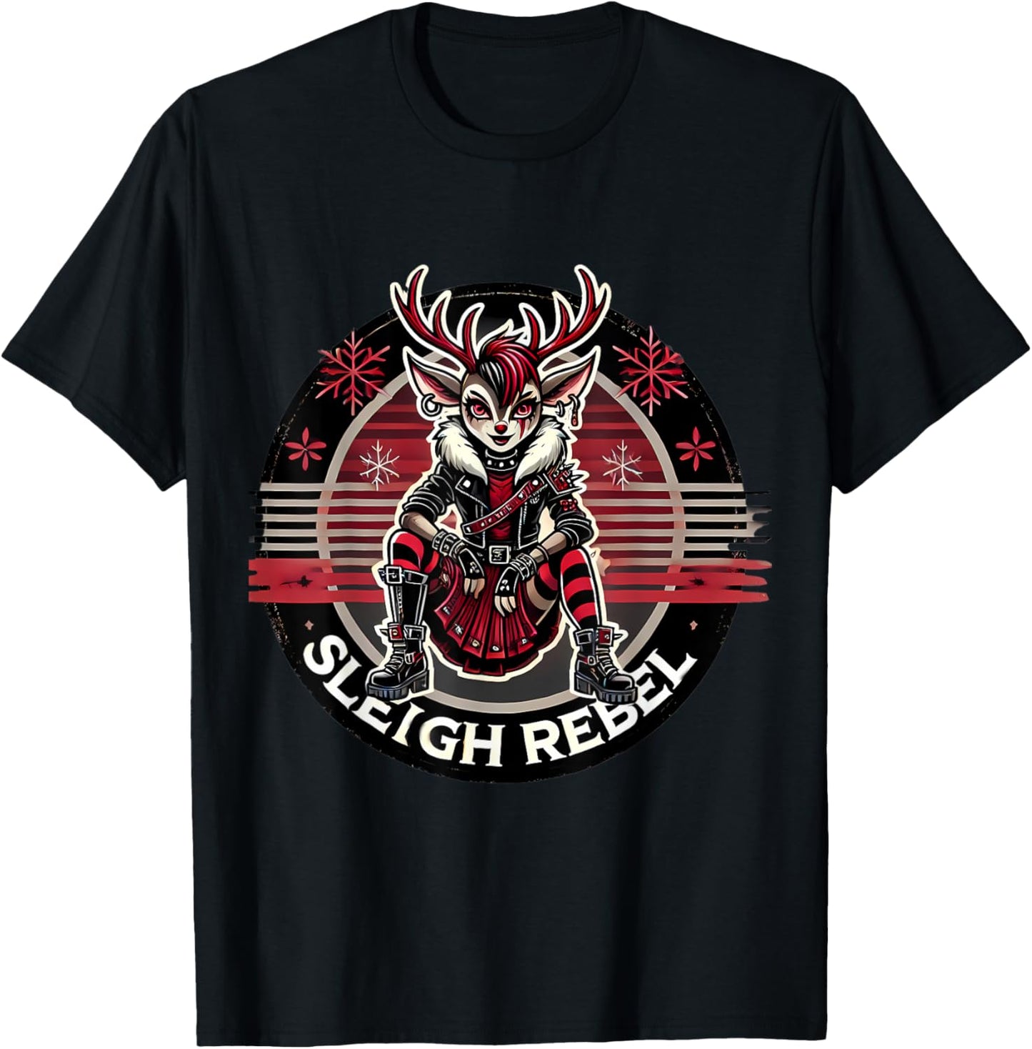 Sleigh Rebel Punk Gothic Reindeer Christmas Design T-Shirt - T-Shirt | Black