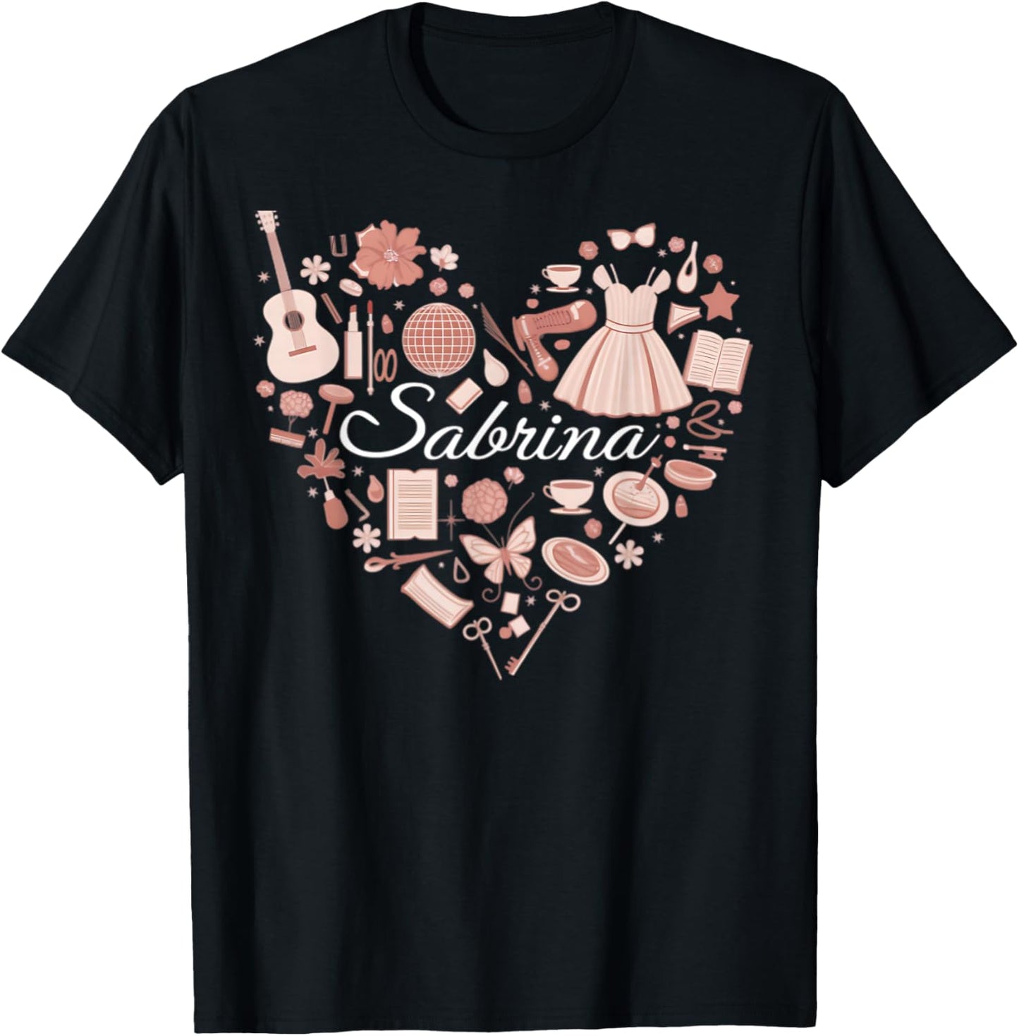 Girl Retro Sabrina First Name Personalized Heart T-Shirt - T-Shirt | Black