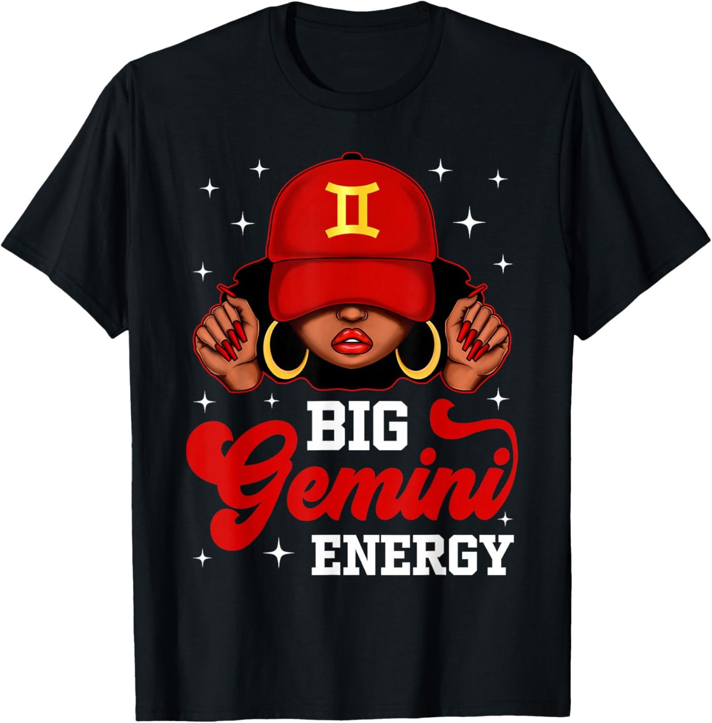 Big Gemini Energy Black Woman with Red Cap Zodiac T-Shirt - T-Shirt | Black