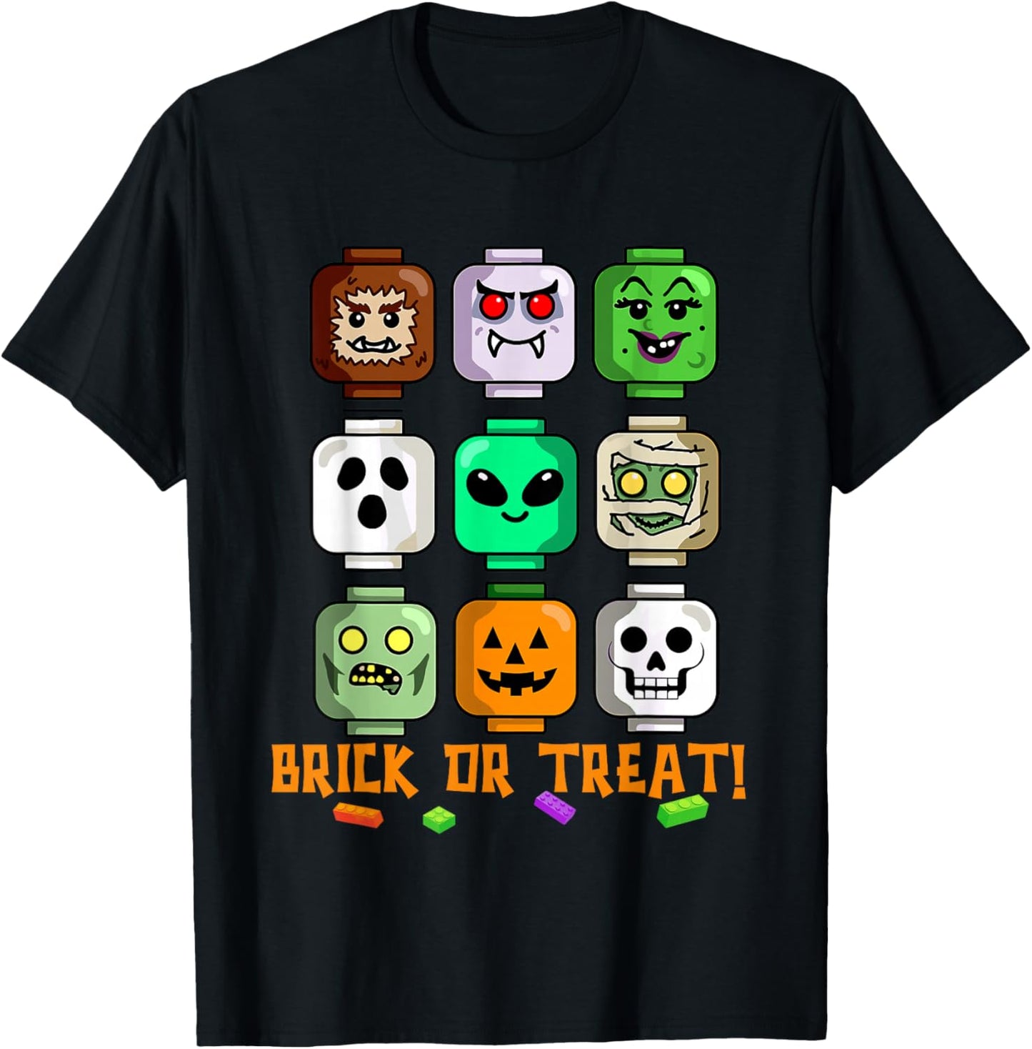 Halloween Building Brick or Treat Heads Pumpkin Ghost Mummy T-Shirt - T-Shirt | Black