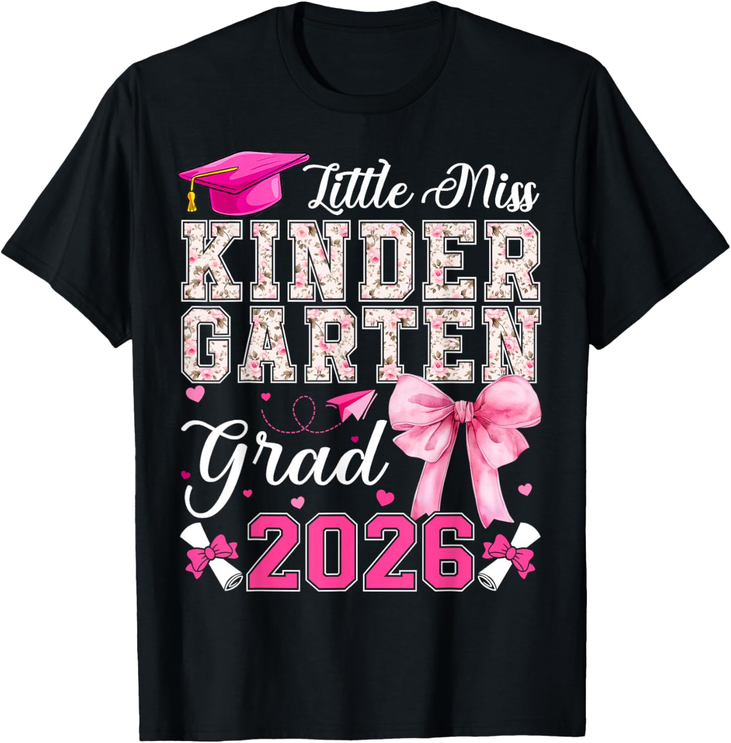 Little Miss Kindergarten Grad 2026 Coquette Bow Graduation T-Shirt - T-Shirt | Black