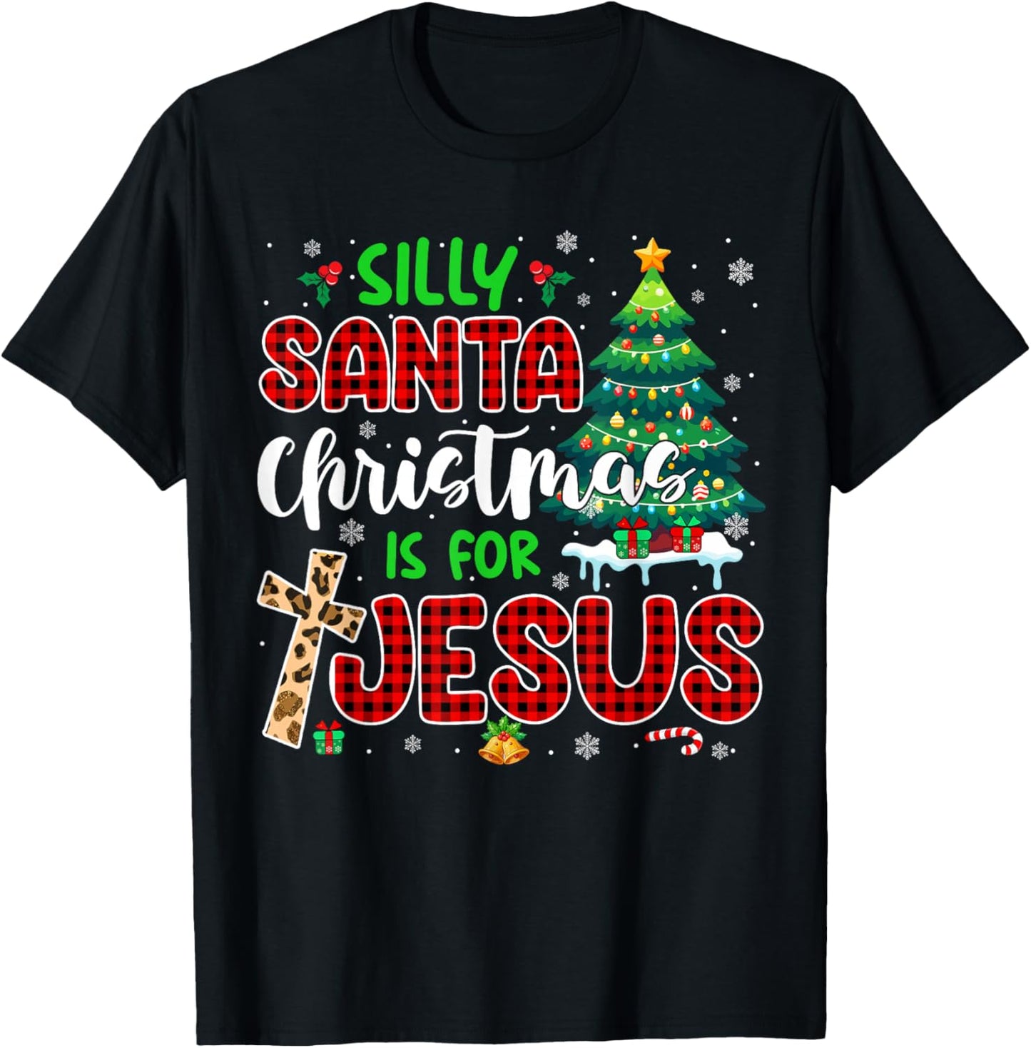 Silly Santa Christmas Is For Jesus Leopard Christian Cross T-Shirt - T-Shirt | Black