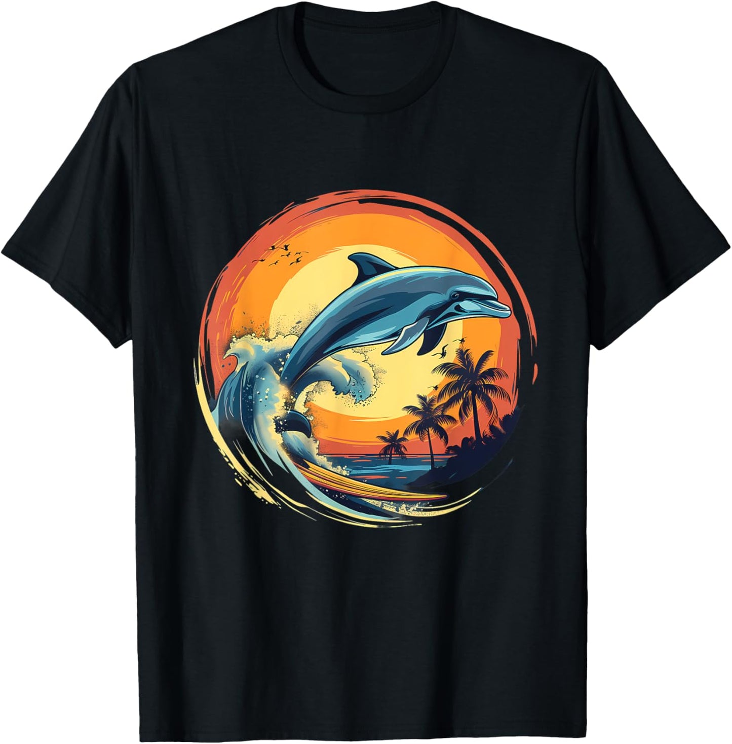 Dolphin Surfing Sunset Sea Ocean Dolphin Sea Ocean Animal T-Shirt - T-Shirt | Black