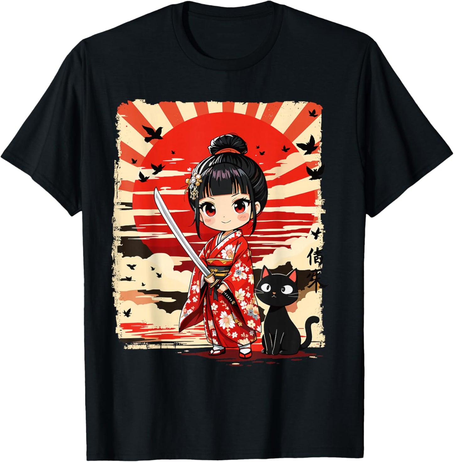 Cute Kawaii Samurai Girl and Cat Japanese Anime Kids Girls T-Shirt - T-Shirt | Black