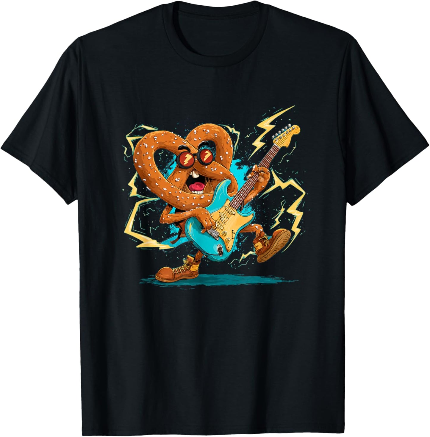 Cool Rock Pretzel with Electric Guitar and Sunglasses T-Shirt - T-Shirt | Black